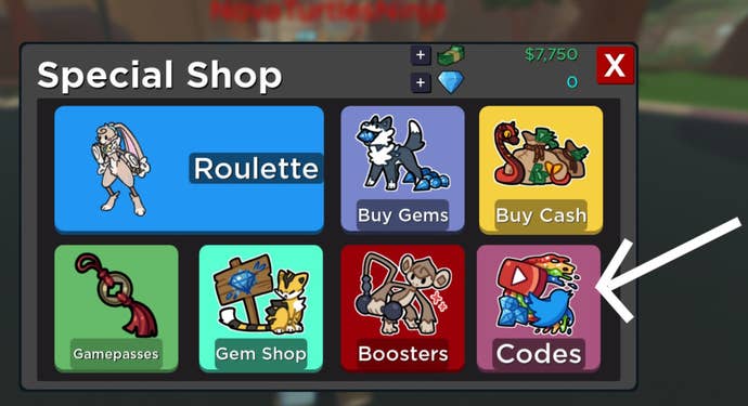 Doodle World special shop menu, a white arrow is pointing to the codes option in the shop