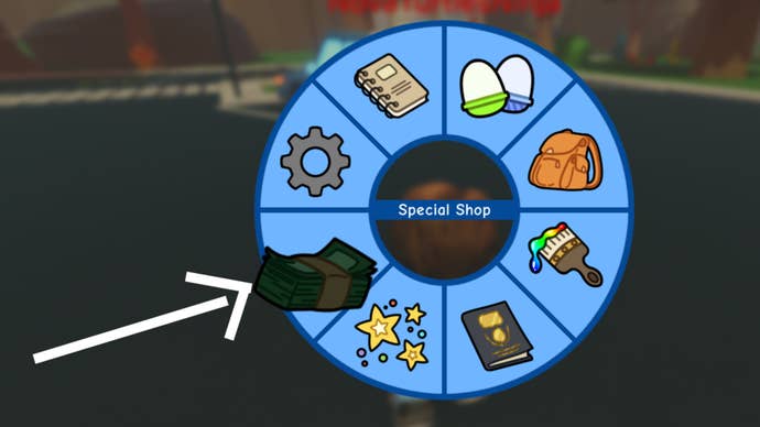 Doodle World Menu, a white arrow is pointing to the special shop menu