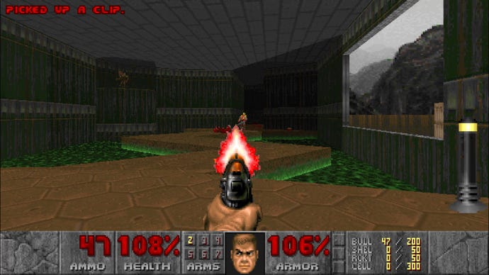 The player fires a gun in Doom (1993)