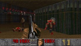 The player fires a shotgun at two zombiemen in Doom (1993)
