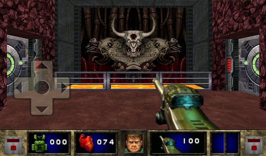 First-person view of a gun facing a hellish monster in Doom 2 RPG