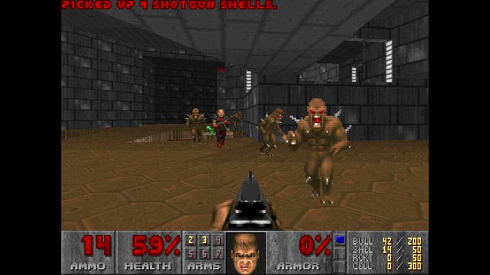 Los enemigos pululan alrededor del jugador en esta toma de Doom.