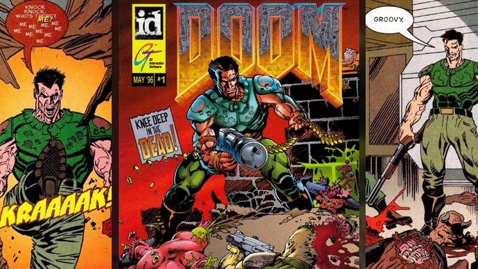 A selection of various panels from the 1996 DOOM comic book, along with the cover, as illustrated by Tom Grindberg.