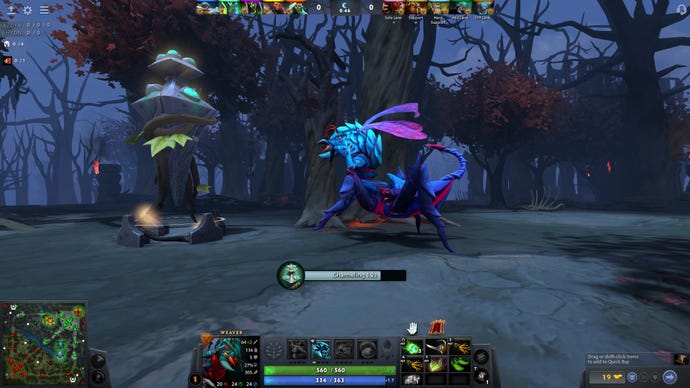 The insectoid Weaver channeling at a statue in Dota 2 after the New Frontier update