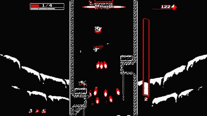 Wellarto dives into a well while firing at enemies with his Gunboots in Downwell