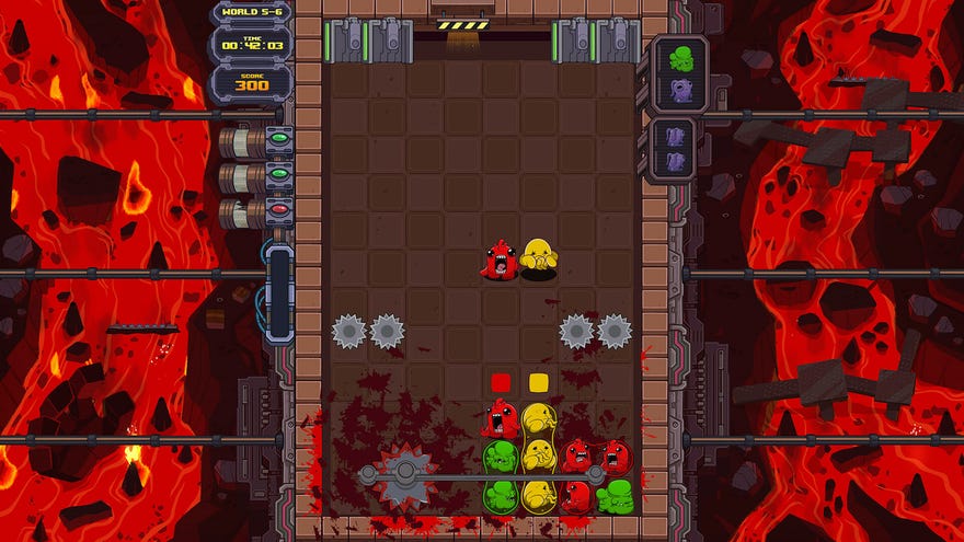 A series of Super Meat Boy clones drops into a tiled, lava-filled grid in Dr Fetus' Mean Meat Machine