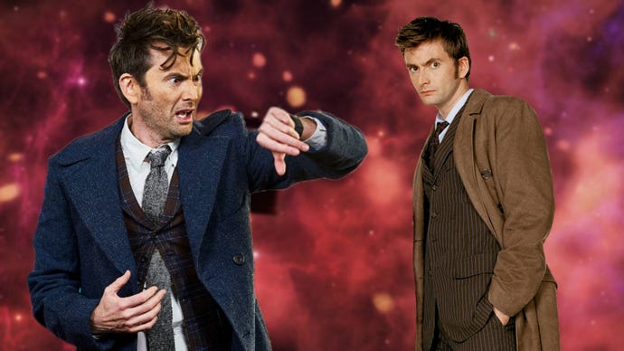 Over a blurred image of the Dr Who intro, the 10th and 14th Doctors both stand - each played by David Tennant.