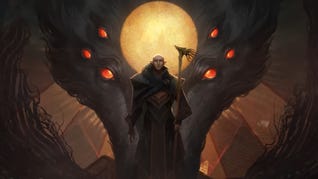 Concept art of Solas from Dragon Age standing infront of a six-eyed wolf with a moon in the middle