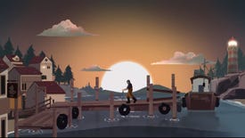 screenshot from Dredge's date reveal trailer, showing the sailor walk thing through a port with the sunset behind him.