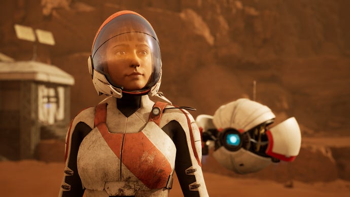 A female astronaut smiles on the surface of Mars in Deliver Us Mars