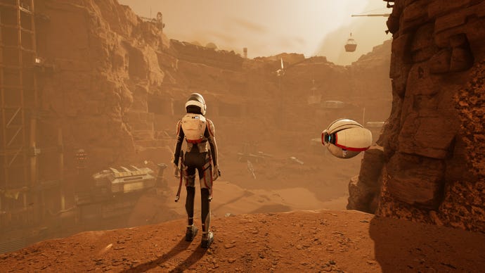 An astronaut looks out over a mining outpost in Deliver Us Mars
