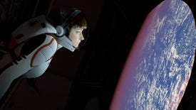 A female astronaut gazes out of a spaceship window to look at Earth in Deliver Us Mars