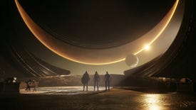 Key art from sci-fi survival MMO Dune Awakening showing three figures looking up at a huge planet and moons above