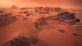 Units walk across a desert scene in Dune: Spice Wars