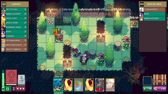 A Dungeon Drafters screenshot showing the gridded battlefield. Playable cards line the bottom of the screen and different enemy types are spread out across the board.