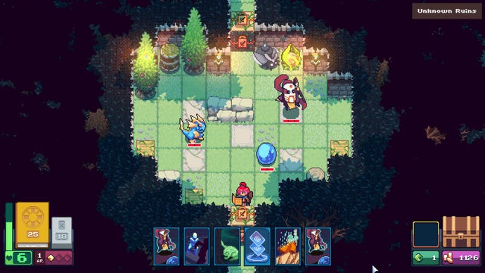 A Dungeon Drafters screenshot showing a gridded battlefield in a forest. The red-headed mage is at the bottom of the screen with a slime, ghost, and dinosaur occupying the field.