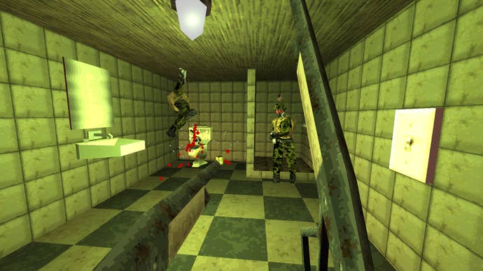 プレイヤーは夕暮れのバスルームで敵に直面します