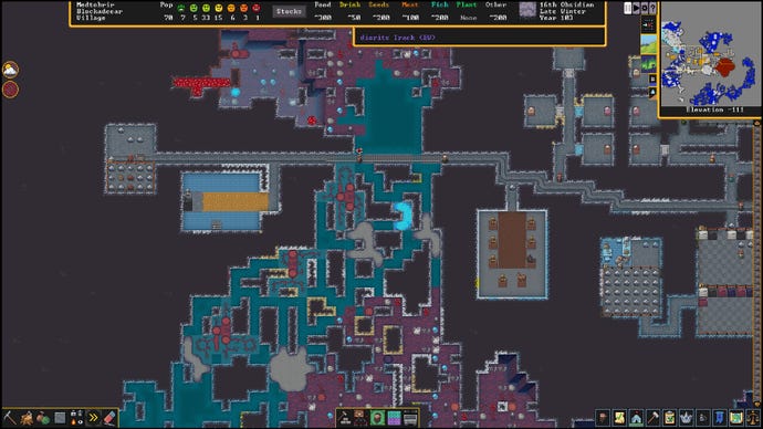 A sprawling Dwarf Fortress, with many interconnected underground rooms