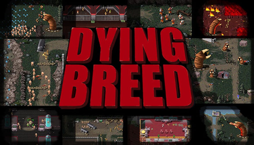 The huge red logo design for Dying Breed put over numerous screenshots from the gory RTS