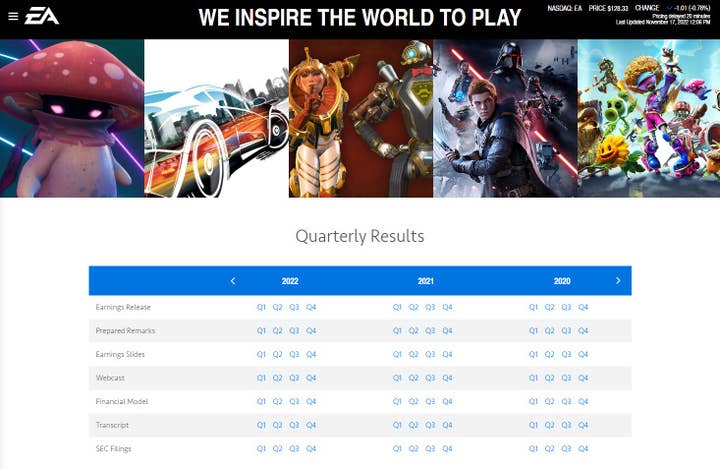 Electronic Arts' quarterly results page, with earnings release, slides, webcast, remarks, financial model, transcript, and SEC filings for every quarter from the past three years easily laid out and accessible