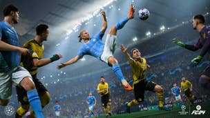 Erling Haaland hitting an acrobatic volley in EA Sports FC 24