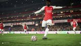 EA Sports FC 24 screenshot, showing Saka, an arsenal player, about to strike the ball.