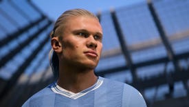 EA Sports FC24 image showing Erling Haaland in his Man City kit.
