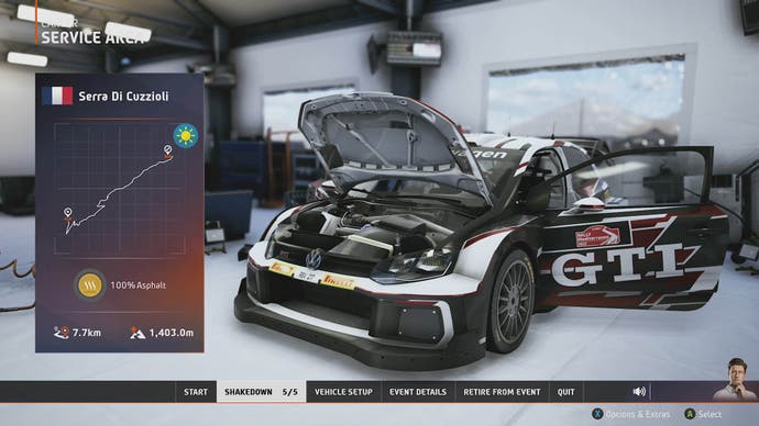 EA Sports WRC review 4: A shot of a Volkswagen in the garage before a race, with its bonnet and doors open.