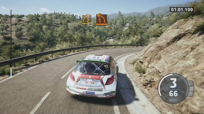 EA Sports WRC review 7: Showing a white Peugeot cornering on a French hillside road.