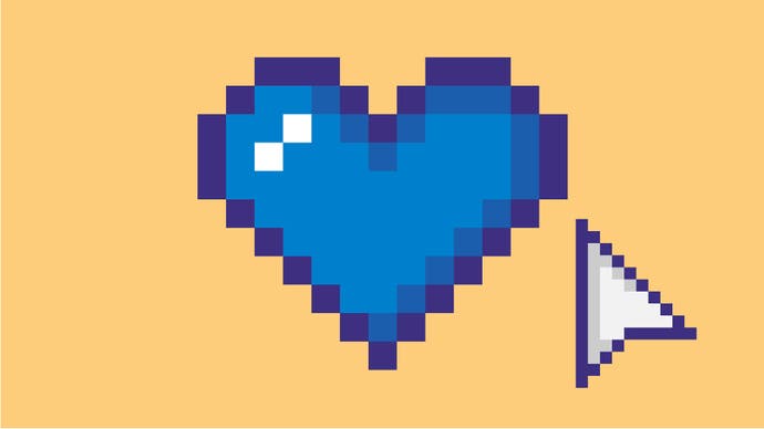An illustration showing a big pixelated blue heart on a yellow background, with a white mouse pointer hovering nearby, as if it's going to click on it.