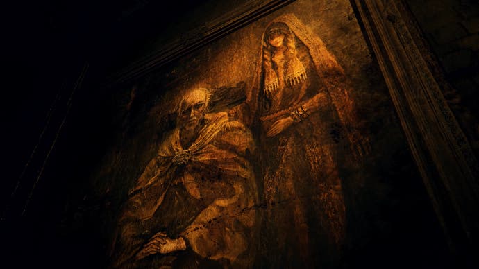 نقاشی پرتره قدیمی با مرد و زن پیر شنل نشسته با روسری که شکمش را گرفته است