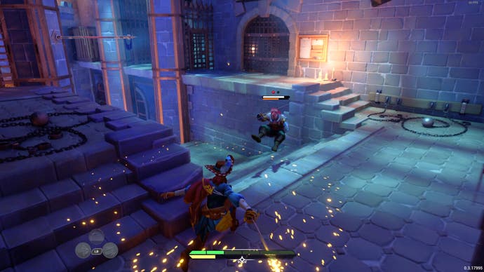 ¡En guardia!  captura de pantalla que muestra una pelea de espadas en una mazmorra iluminada por velas