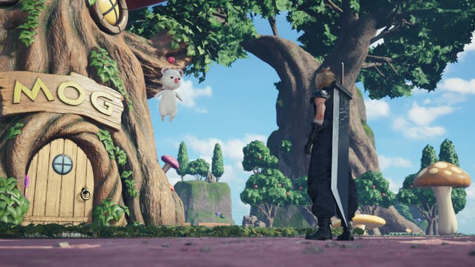 Cloud در مینی بازی Final Fantasy 7 Rebirth روی درخت به خانه Mog می رسد.