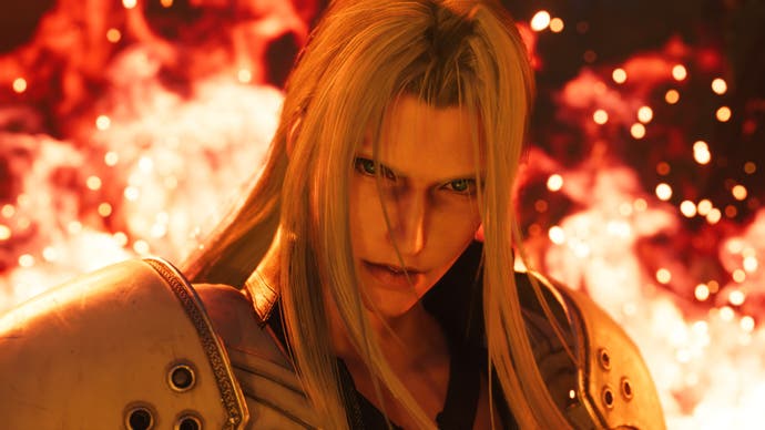Close-up of Sephiroth standing in fire in Final Fantasy 7 Rebirth