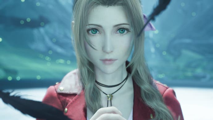 Close-up of Aerith praying with black feathers in Final Fantasy 7 Rebirth