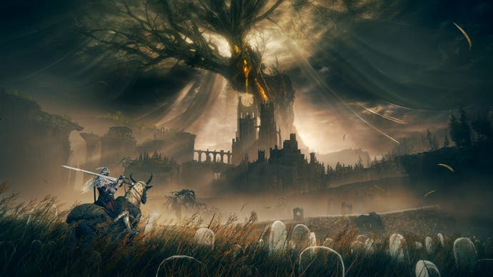 شخصیت بازیکن Elden Ring با تورنت از میان سنگ قبرهای شبح‌آلود با درخت غول‌پیکر زرد گریان در پس‌زمینه عبور می‌کند.