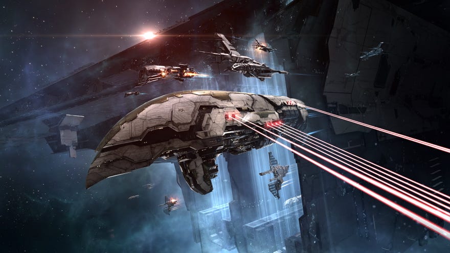 A fleet of battleships fires multiple lasers in Eve Online
