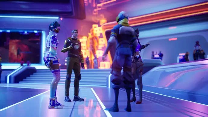 Everywhere screenshot showing four characters standing and talking to one another in a futuristic room