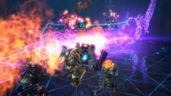 A group of mech-suit wearing heroes defend themselves from a giant, purple T-Rex shooting fire out of its mouth.