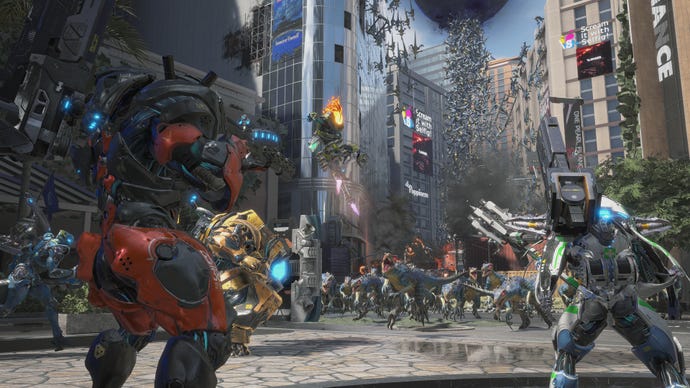 Mech suits hold off a swarm of vicious raptors in Exoprimal