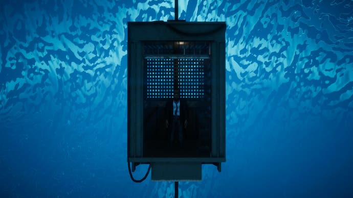 El Paso Elsewhere: de pie en un ascensor con marco central contra un fondo mágico azul similar al océano