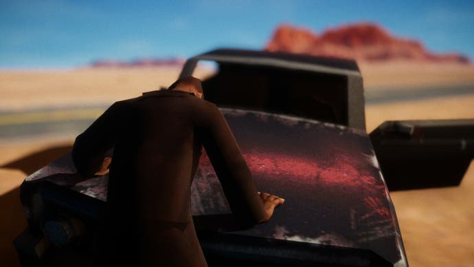 El Paso Elsewhere: el personaje principal se inclinó sobre su capó en apuros durante una escena en el desierto.