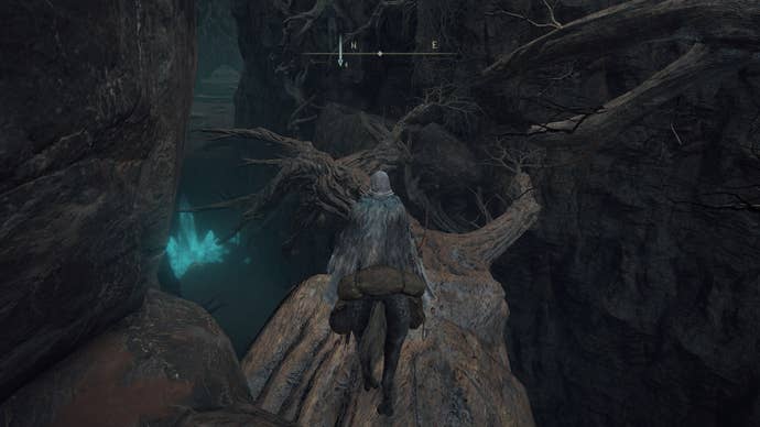 Le joueur, au sommet de Torrent, fait face à des branches d'arbres qui mènent à l'entrée de la grotte abandonnée de Caelid dans Elden Ring.