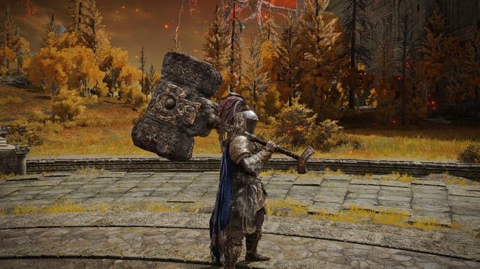 Экранинг Элден Кольцо, показывающий игроку, обладающему оружием гигантского сдвоена, стоя в стороне