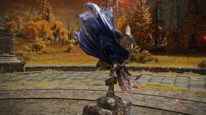 Elden Ring screenshot showing the player doing a cartwheel with the Giant Crusher weapon