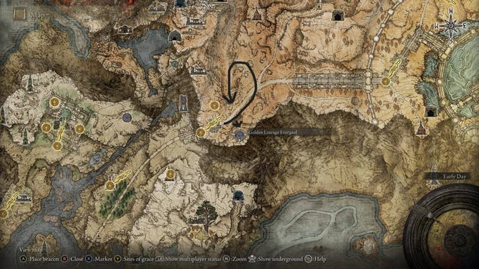 L'emplacement du Golden Lineage Evergaol est indiqué sur la carte Elden Ring