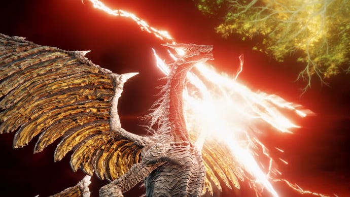 Изображение Elden Ring, показывающее стоящего дракона, держащего потрескивающую болт красной молнии