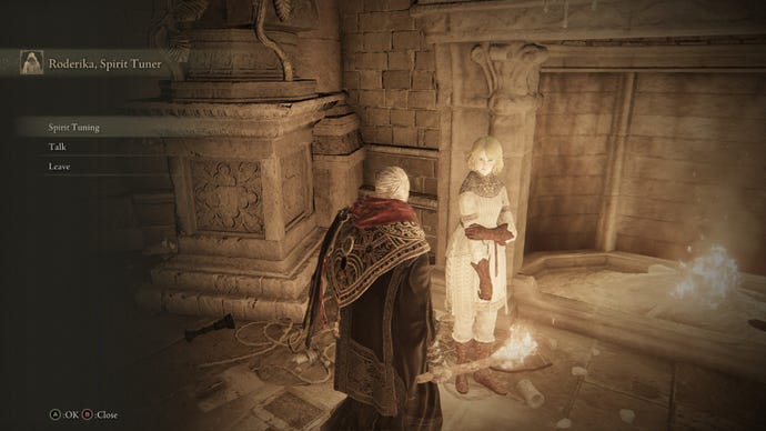 Elden Ring player standing with Roderika, Spirit Tuner, by a fireplace.