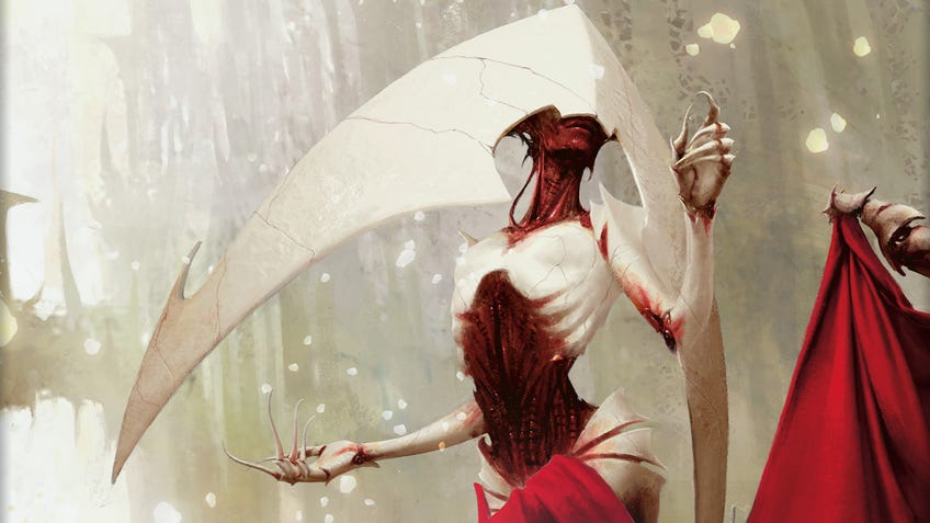 Elesh Norn, Grand Cenobite of the Machine Orthodoxy and White Mana-aligned Praetor of New Phyrexia. She is one of the five biggest baddies currently in Magic: The Gathering's storyline.