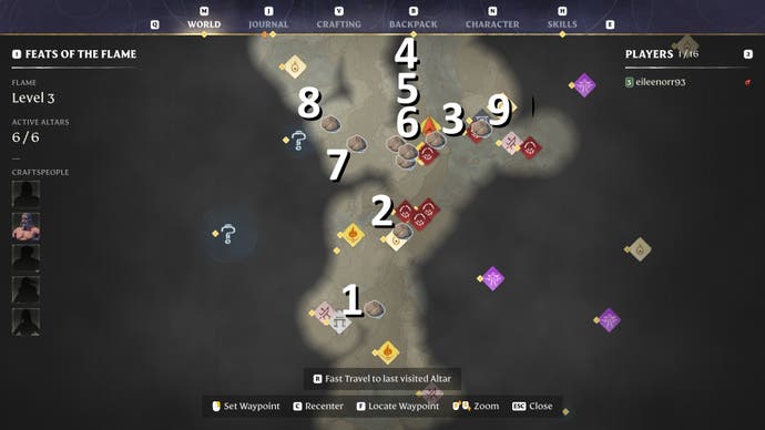 A map of nine numbered clay locations in Enshrouded.